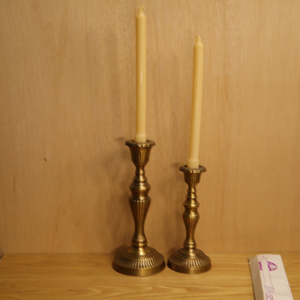 Vintage Brass Fluted Candlestick Holders Set of 2 with Blessed Candles